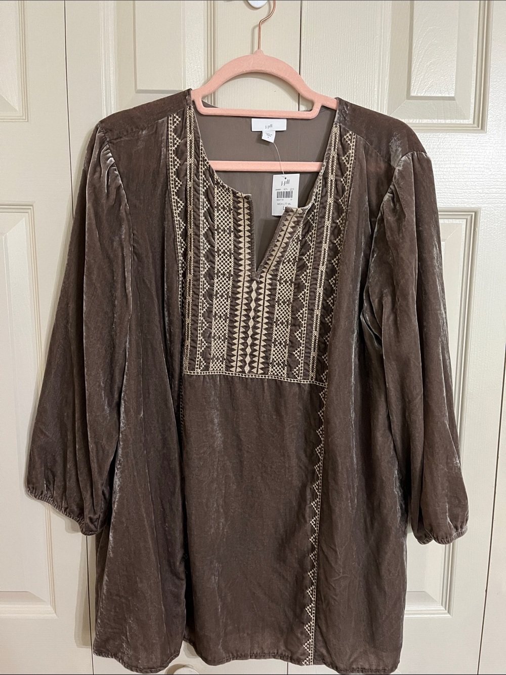 J. Jill Brown Velvet Long-Sleeve Tunic with Cream Embroidery
